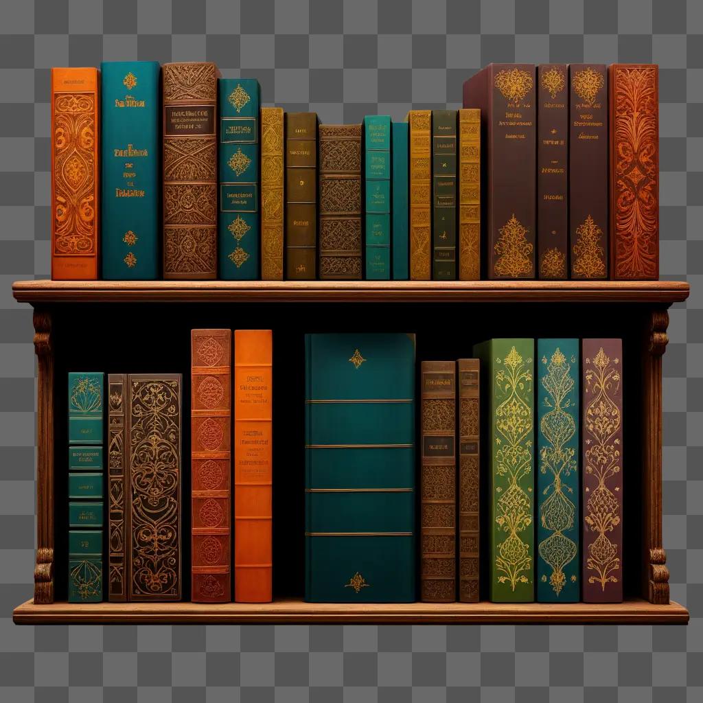 shelf filled with old-fashioned books in a dark room