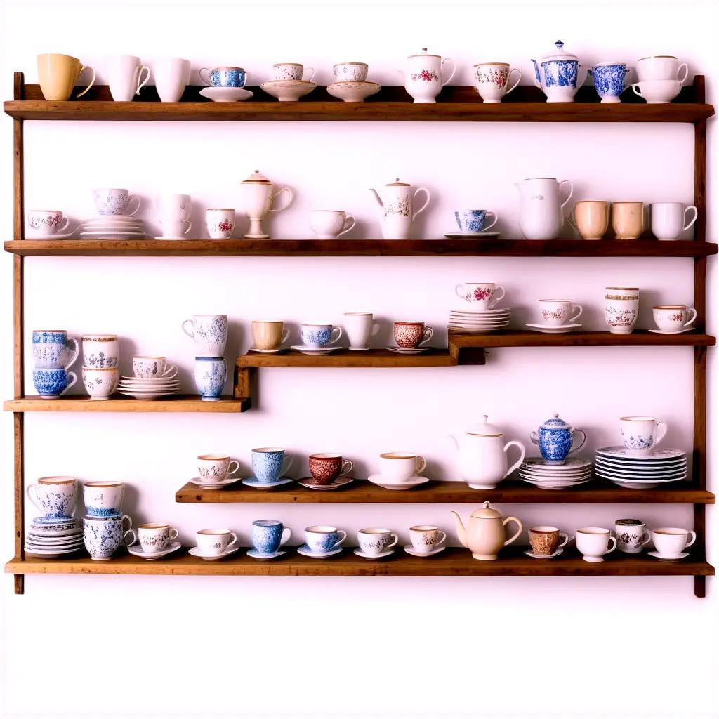 shelf of many different coffee cups and saucers