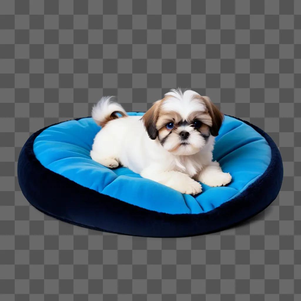 shih tzu dog rests on a blue pillow