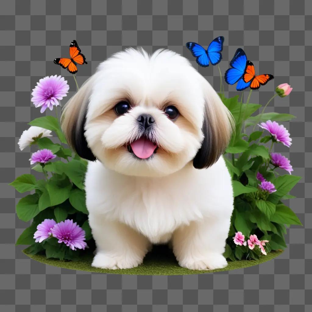 shih tzu dog sits in a garden with flowers