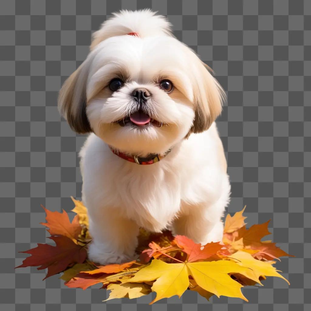 shih tzu dog stands on leaves