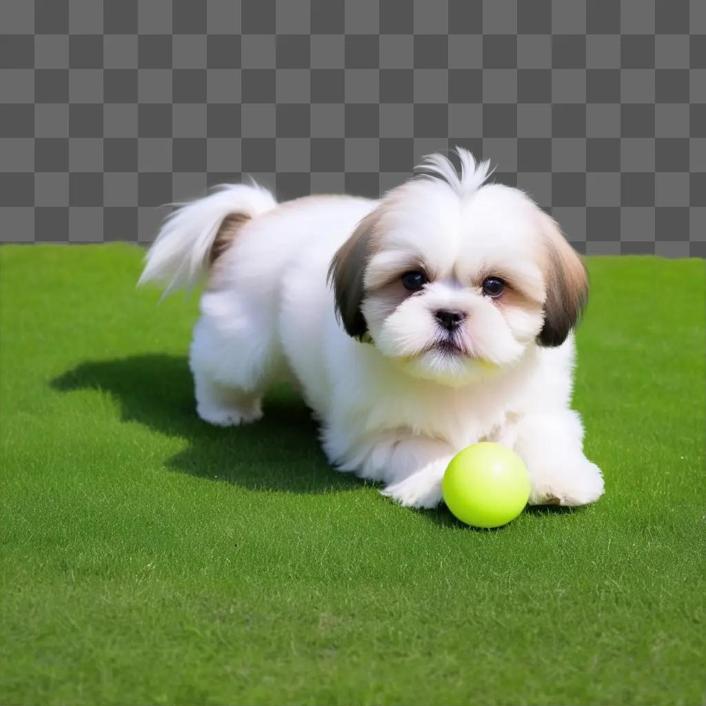 shih tzu with a green ball on a grassy field