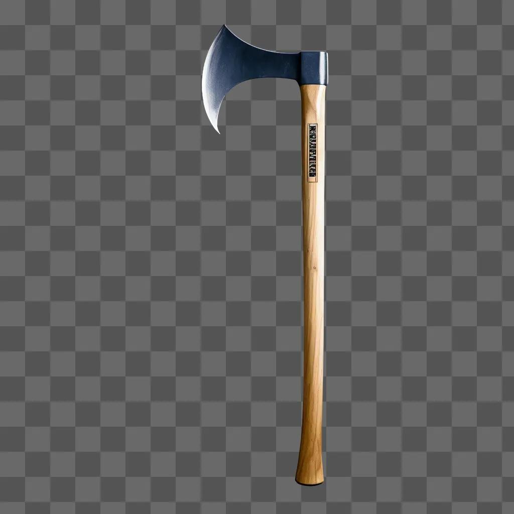 shiny, wooden pick axe rests against a gray background