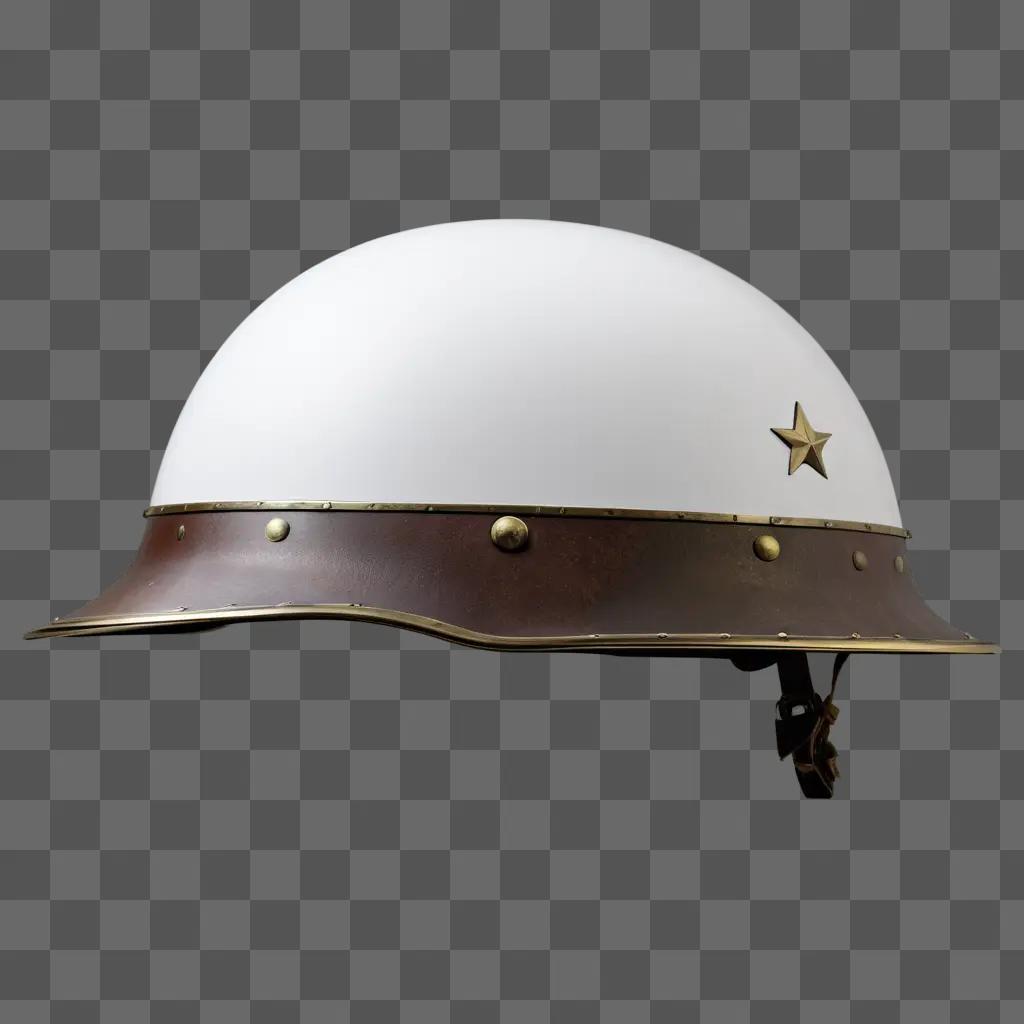 shiny star adorns the front of a leather war helmet