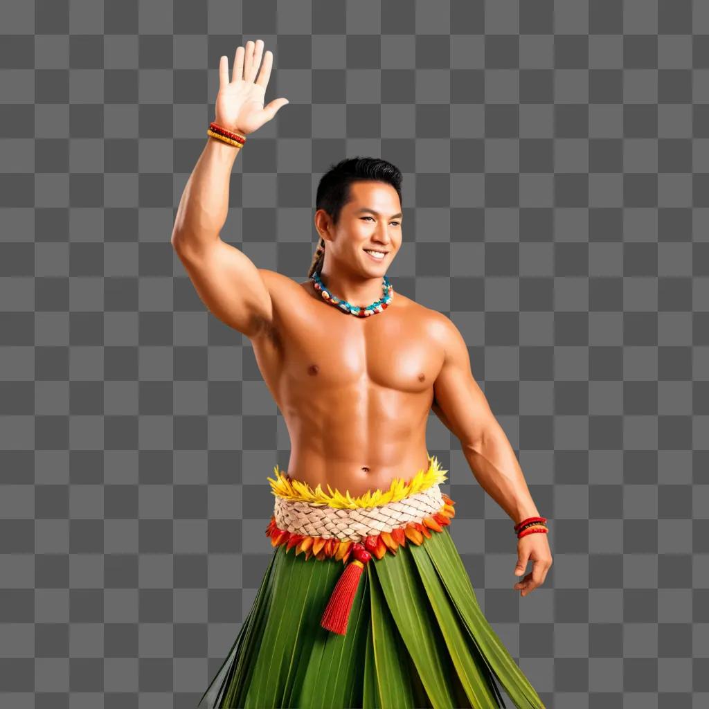 shirtless man waves with a Hawaiian headdress on