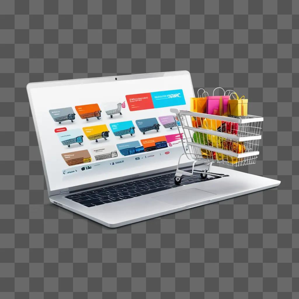 shopping cart with colorful items in a laptops screen