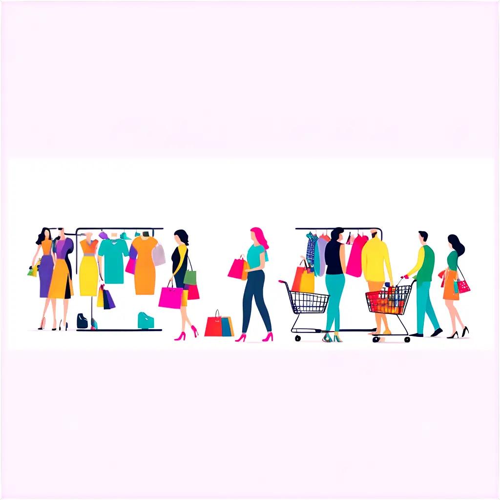 shopping illustration of people walking around and carrying shopping bags