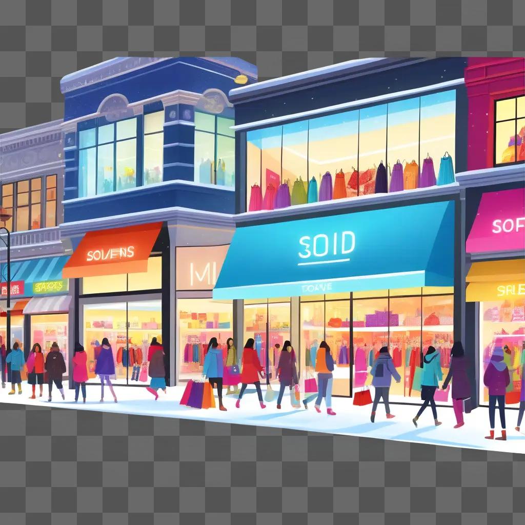 shopping illustration shows a busy shopping street at night