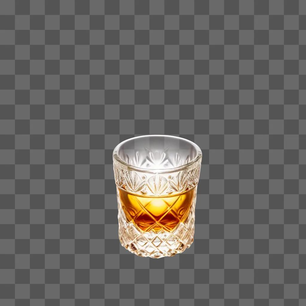 shot glass filled with liquid sits on a tan background