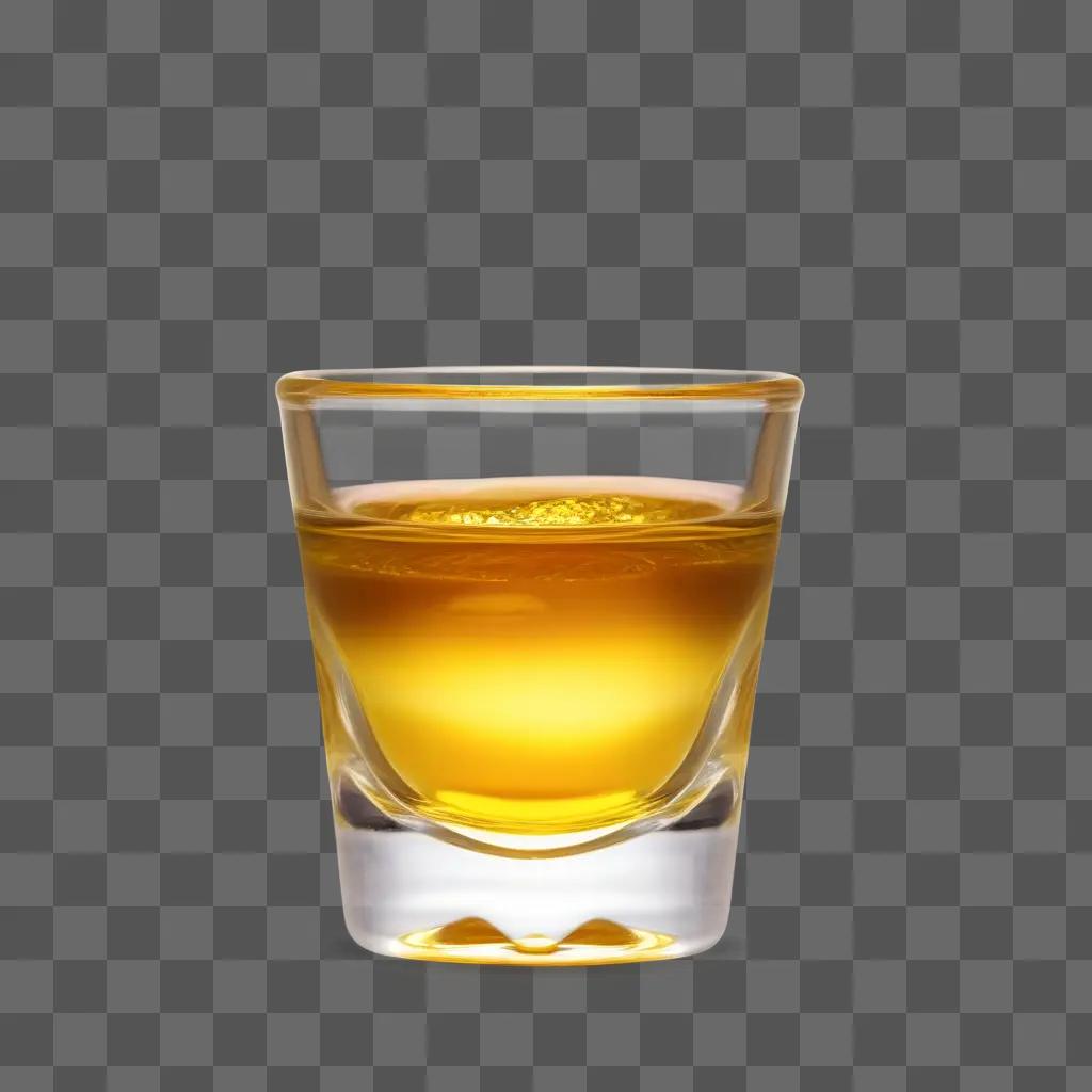 shot glass holds a yellow liquid against a tan background