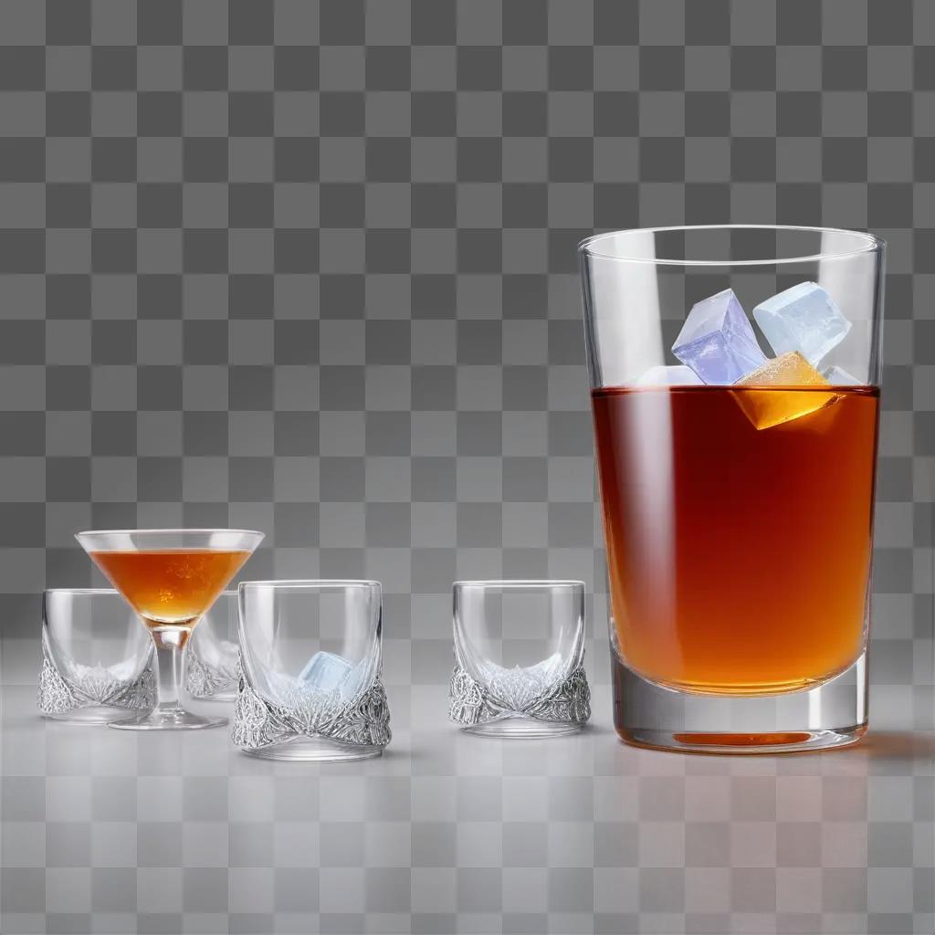 shot glass with ice cubes and drinks