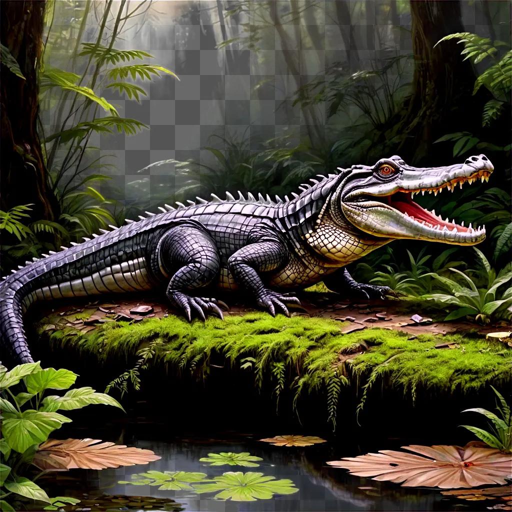 side alligator drawing Furry crocodile on mossy bank in a forest