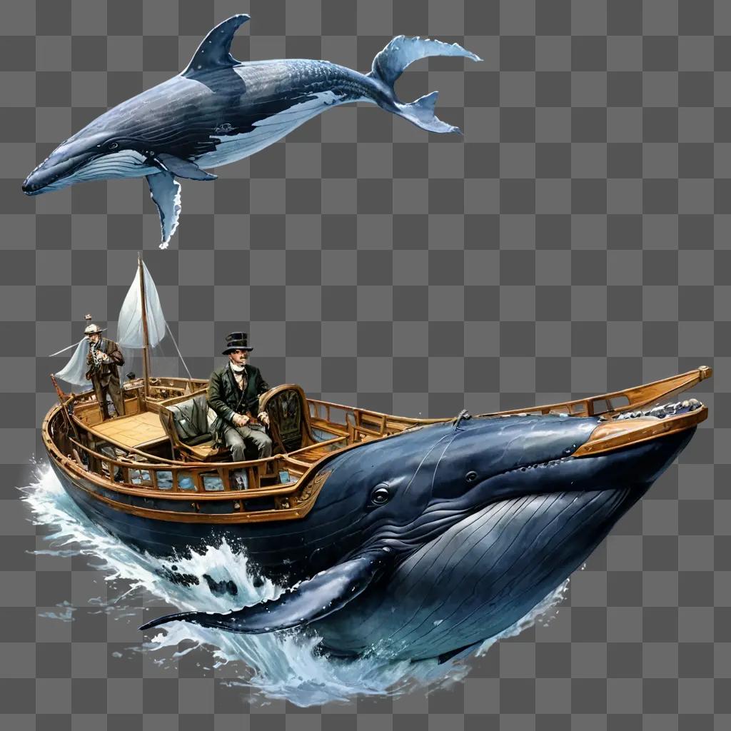 サイドボートの描画 シロナガスクジラを乗せたボートが航行中