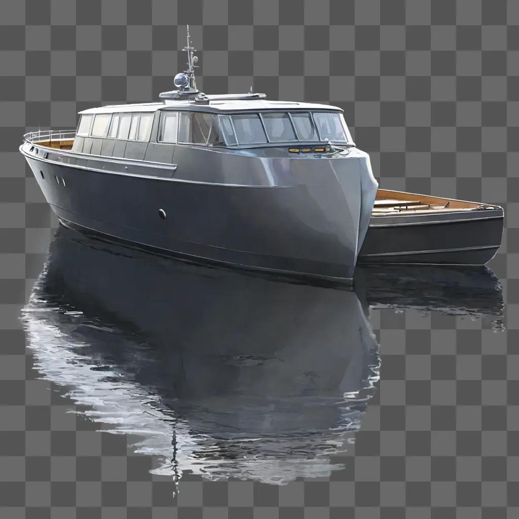 サイドボートのドローイング 大きな銀色のボートが水に停泊しています