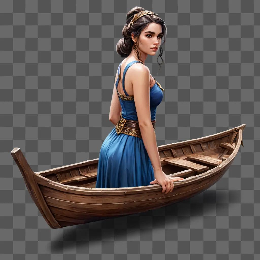 サイドボートのドローイング 青いドレスと金のネックレスを身に着けた女性がボートに立つ