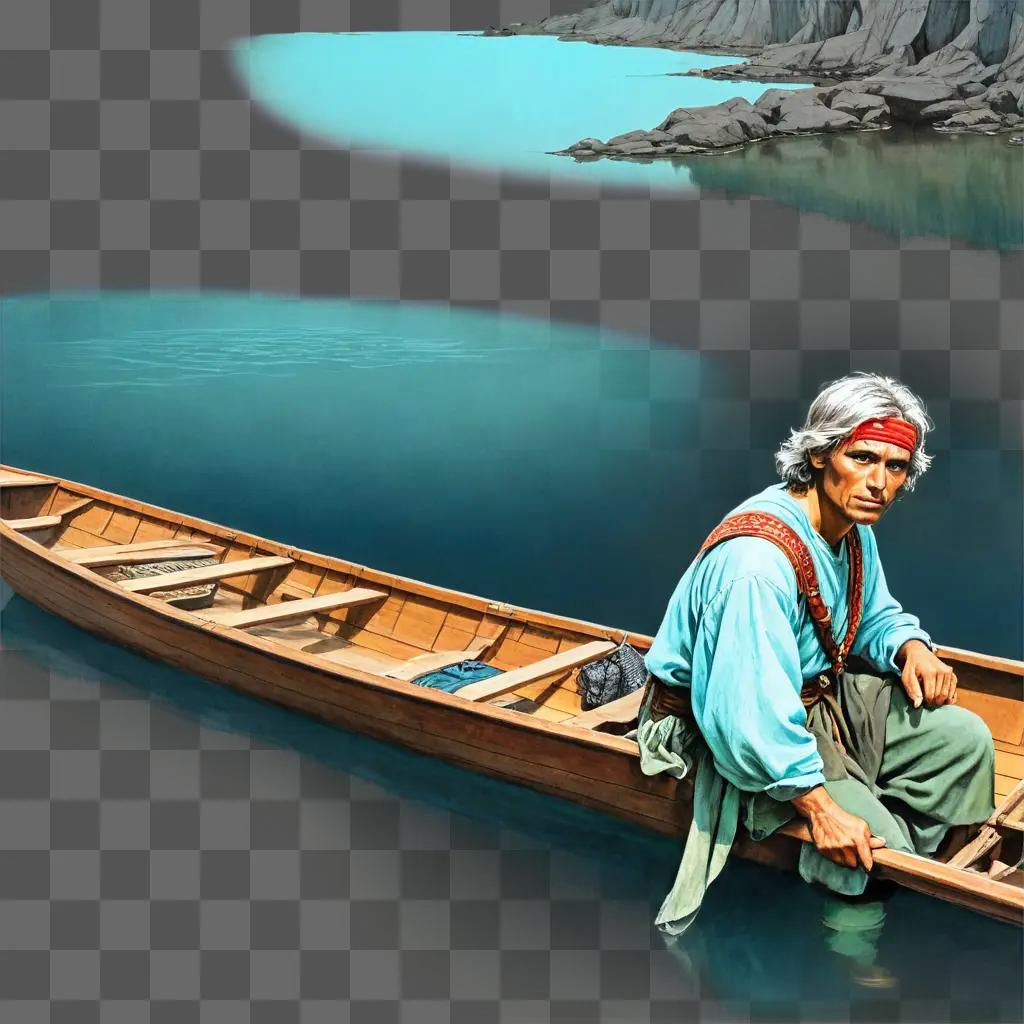 サイドボートの絵 青いシャツを着た男が水上のボートに座っている