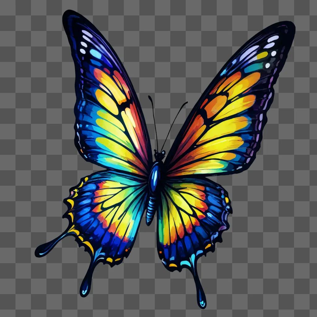 side butterfly drawing A colorful butterfly with a blue and yellow body and black wings