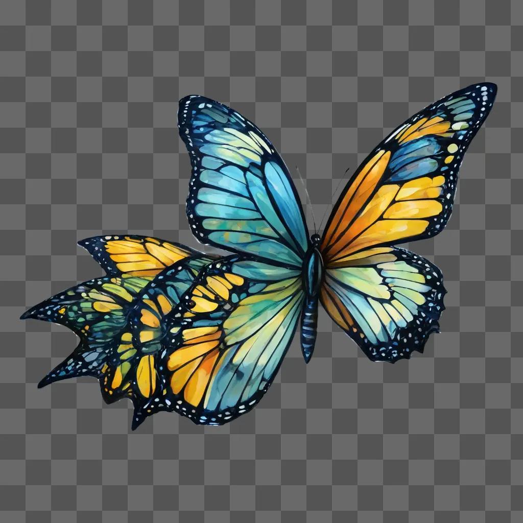 side butterfly drawing A three-dimensional butterfly with various colors on a gray background