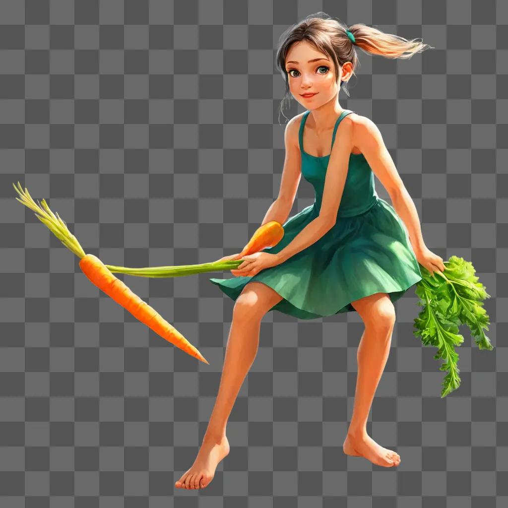 side carrot drawing A girl in a green dress holds a carrot