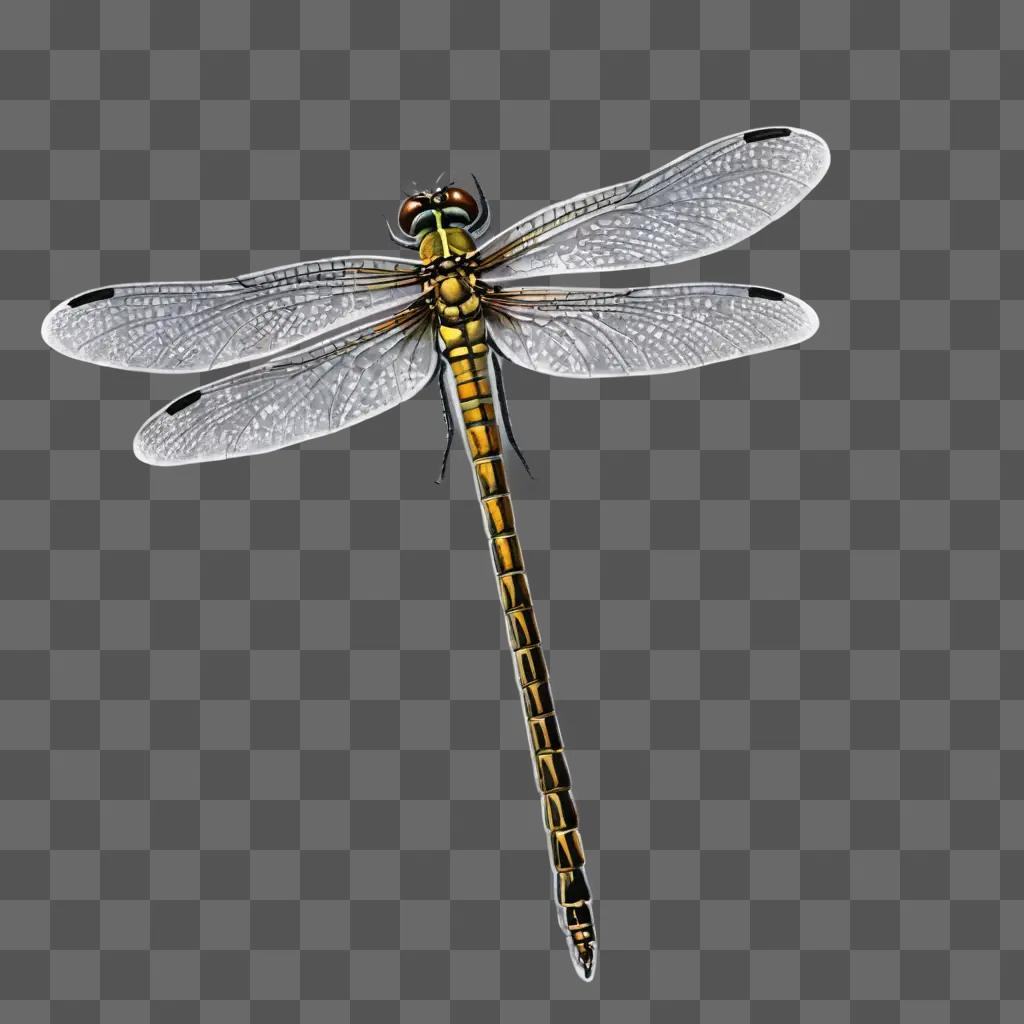 side dragonfly drawing A dragonfly with a long tail is shown in a lighted photograph