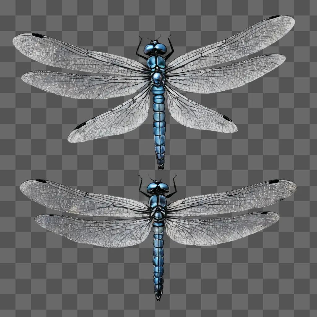 side dragonfly drawing Two blue and white dragonflies on a grey background