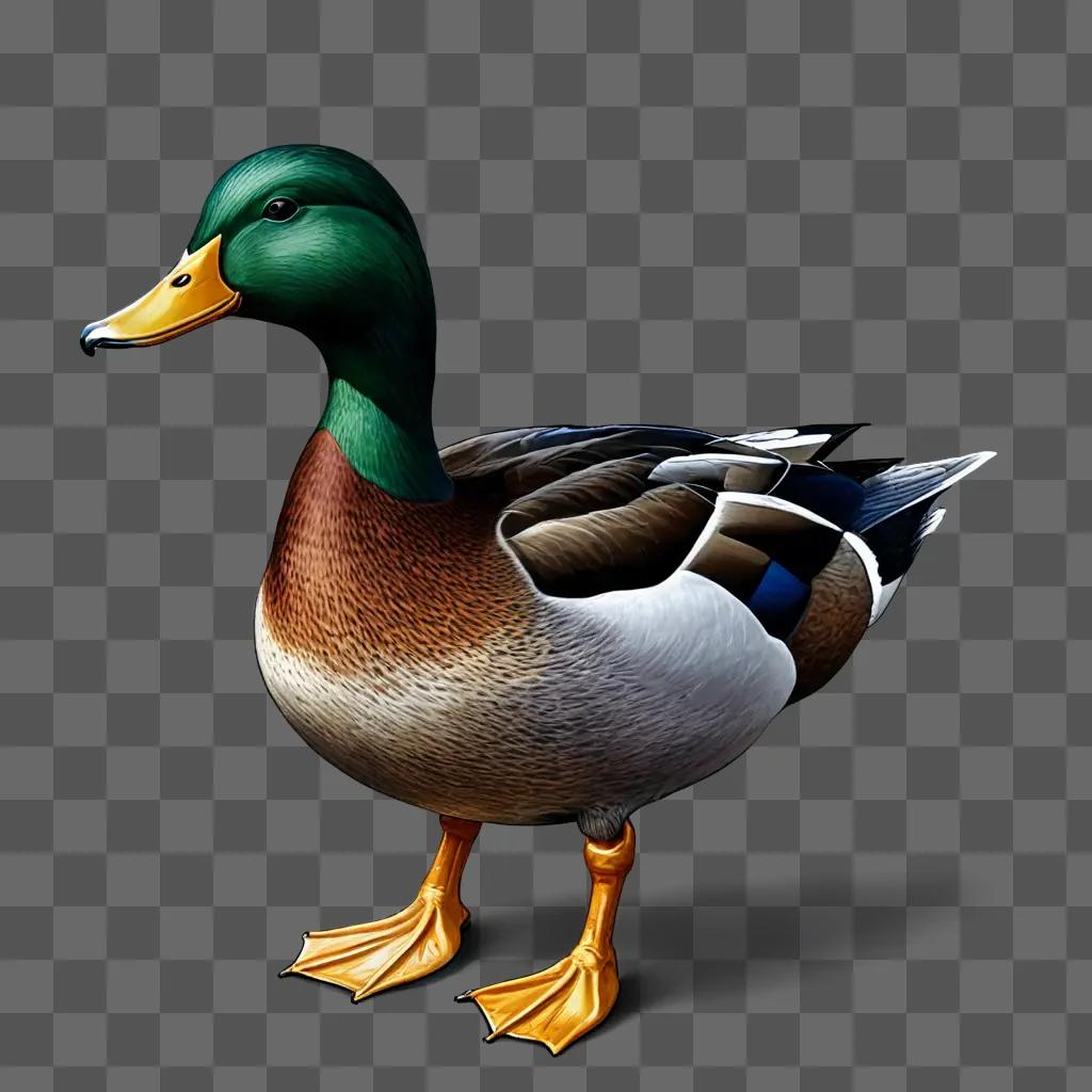 side duck drawing A duck with a green head and orange legs