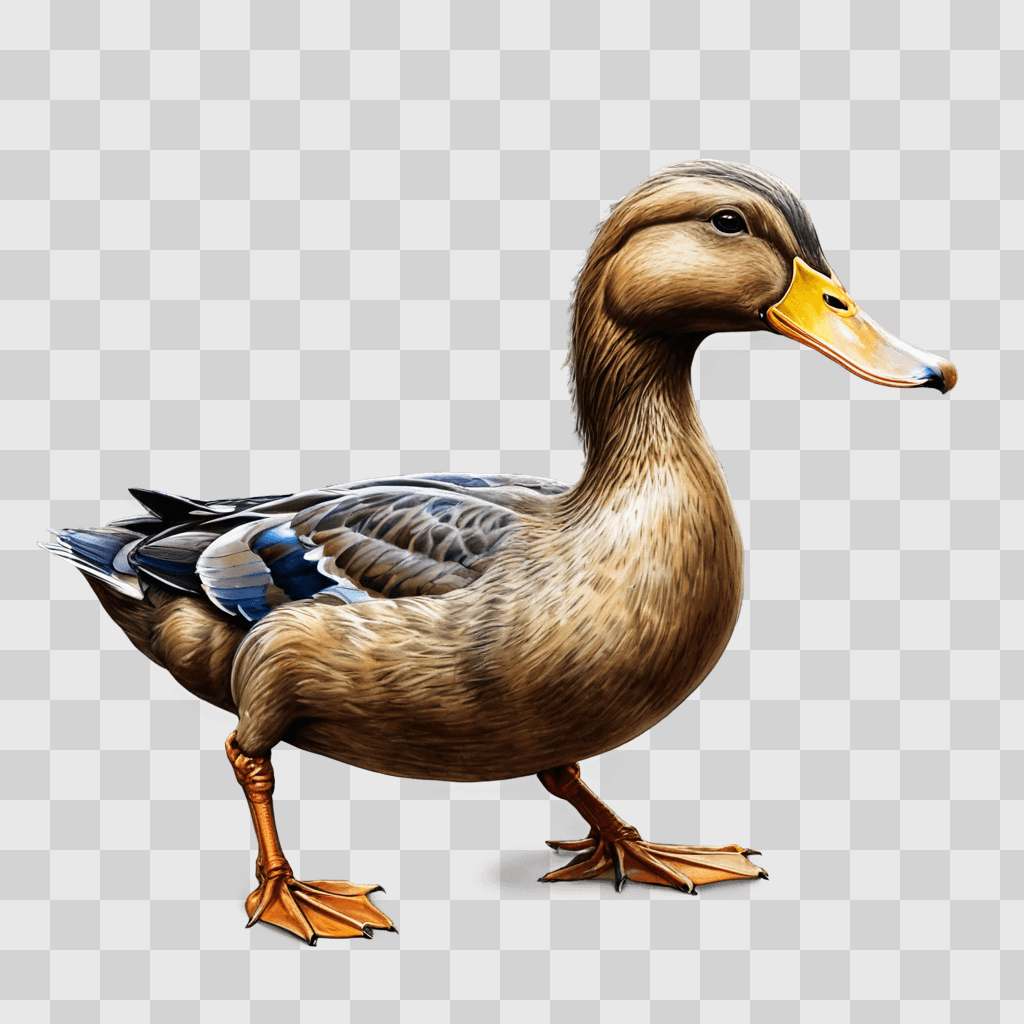 side duck drawing A duck with a yellow beak standing on a brown background