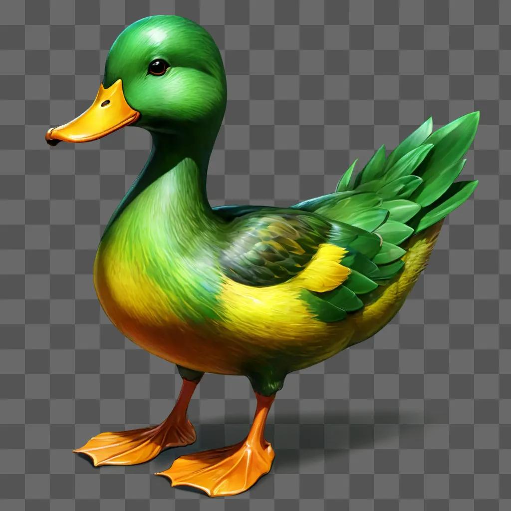 side duck drawing A green duck with yellow legs on a green background