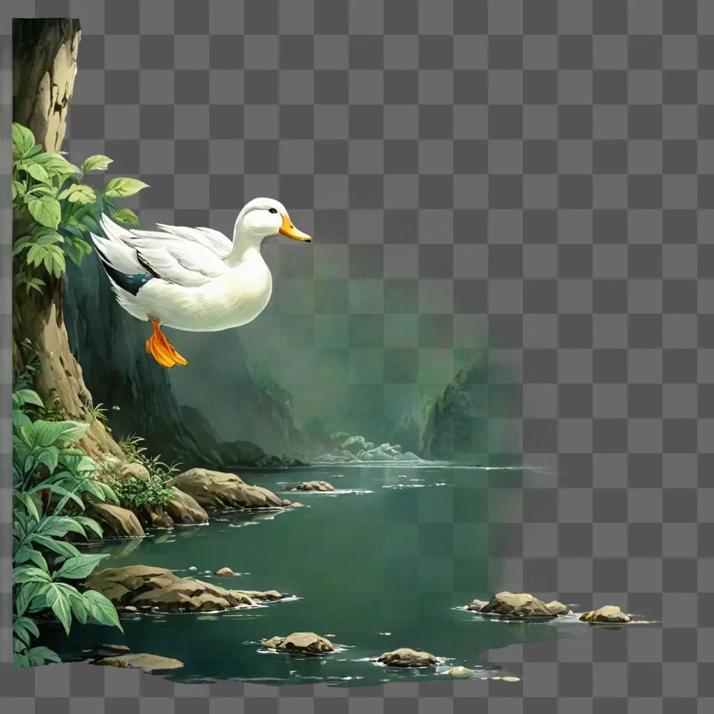 side duck drawing A white duck swims over a river in a forest