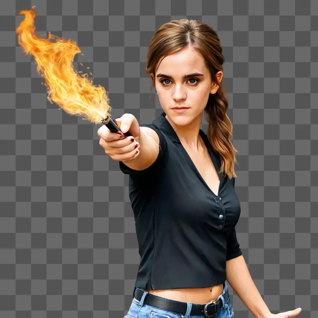 side fire drawing A young lady with a gun and a flame