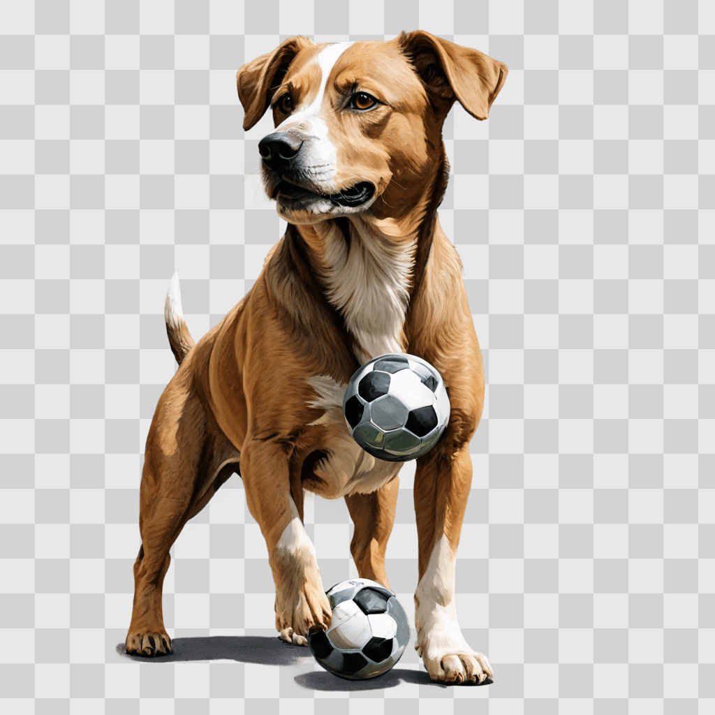 サイドサッカーの描画犬は2つのサッカーボールで遊ぶ