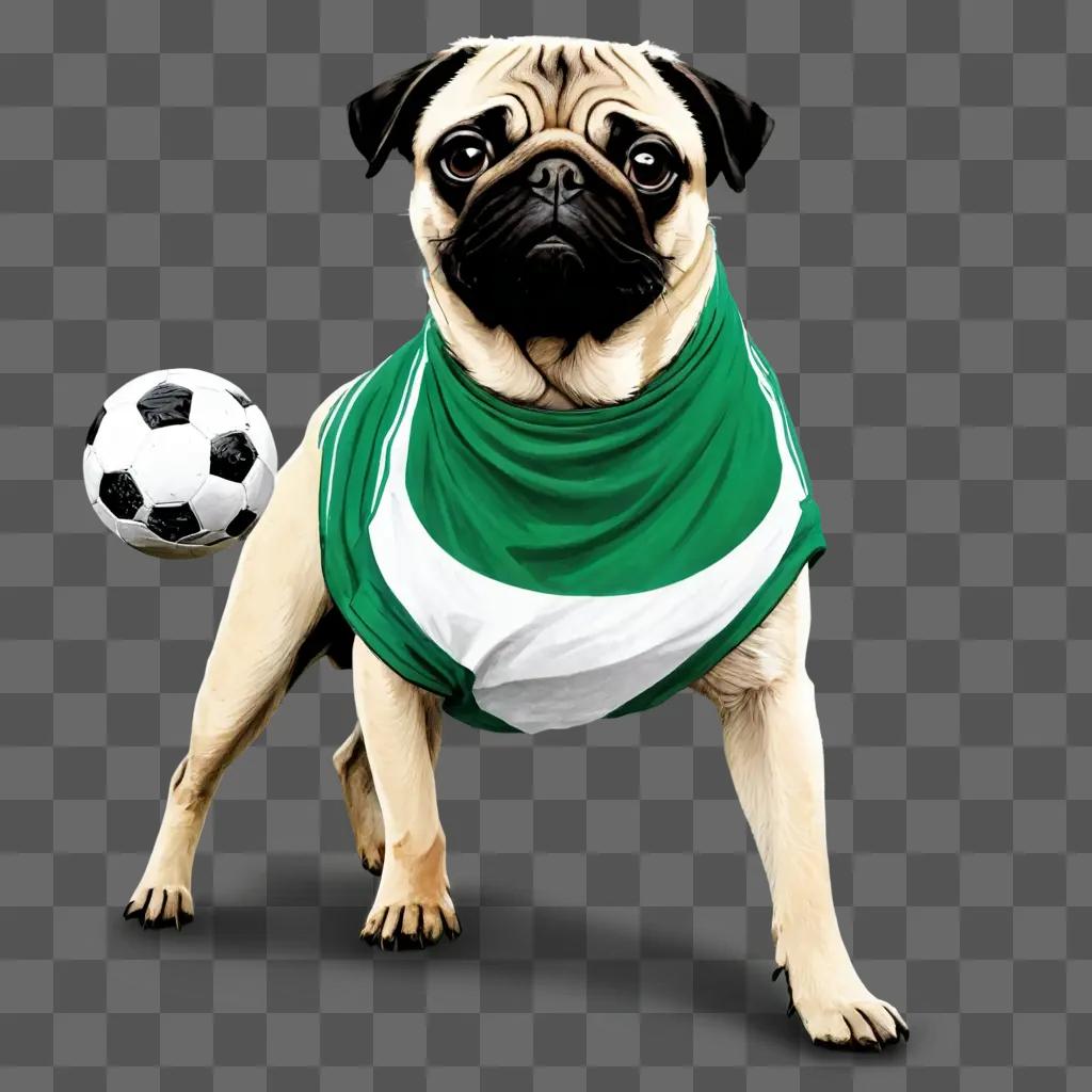 side football drawing A pug dog in a green jersey and a soccer ball