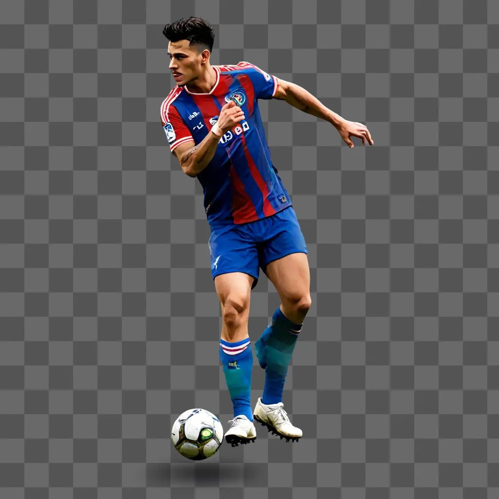 side football drawing A soccer player wearing blue and red plays with the ball