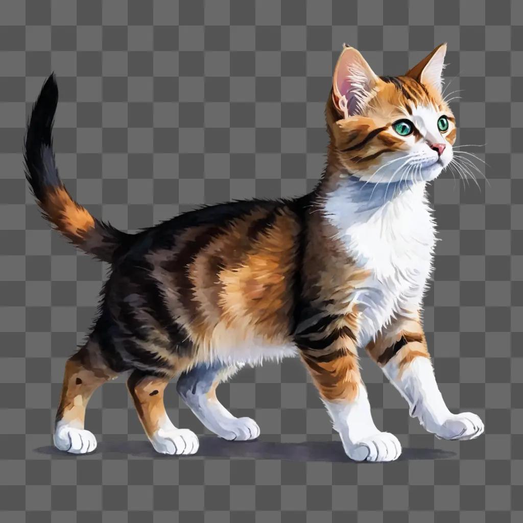 side kitten drawing A cat walks in front of a dark background