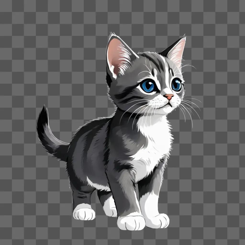 side kitten drawing A gray and white kitten with blue eyes