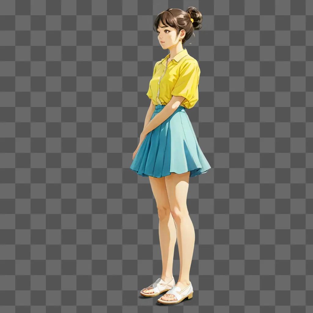 side lemon drawing A girl in a yellow shirt and blue skirt