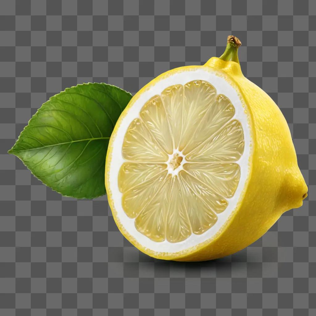 side lemon drawing A half-sliced lemon with a green leaf