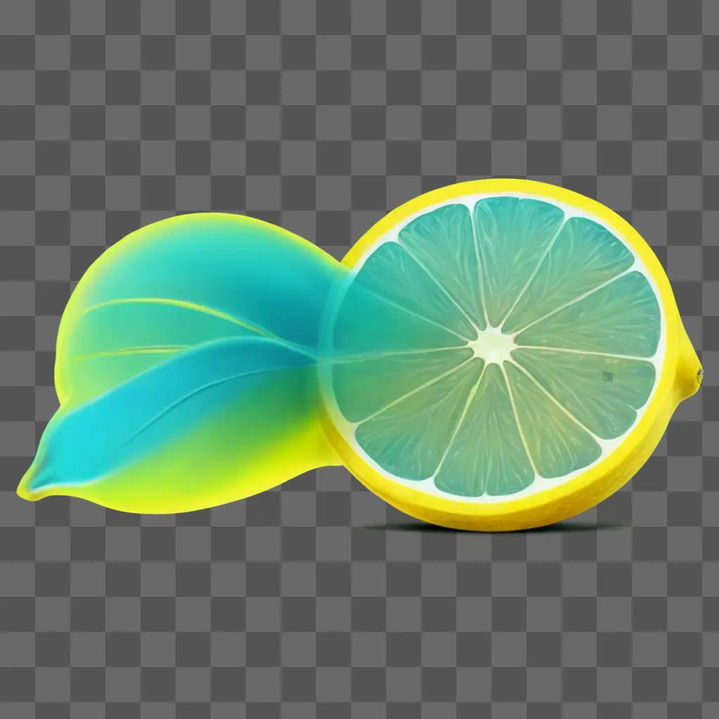 side lemon drawing A slice of lemon with a blue leaf on a green background