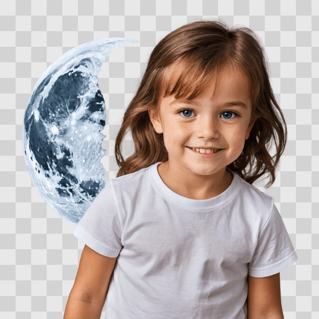 side moon drawing A girl smiles for the camera while a crescent moon is in the background