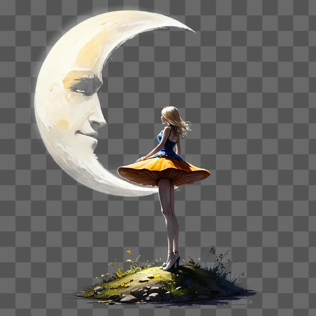 side moon drawing A woman dances in a moonlit landscape