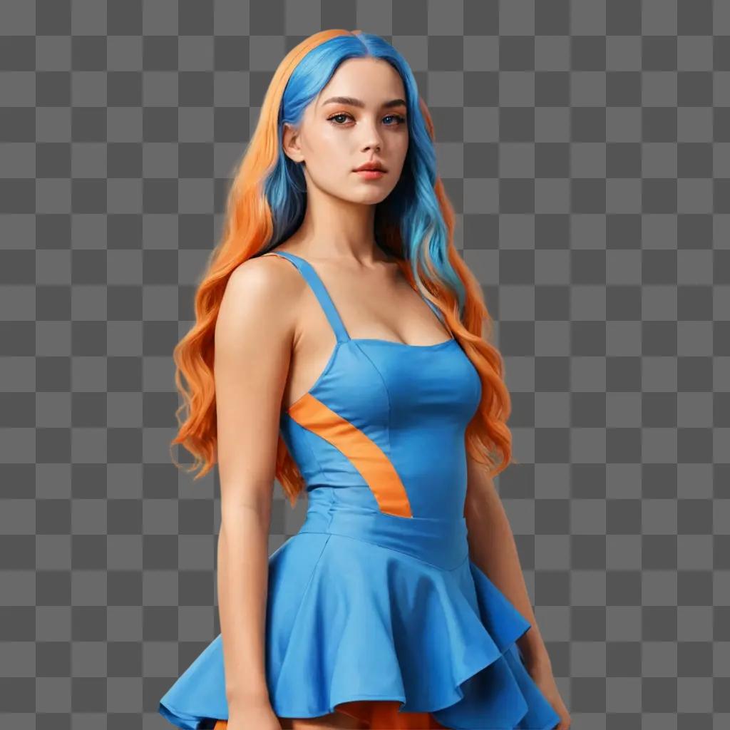 side moon drawing A woman posing in a blue dress with orange trim