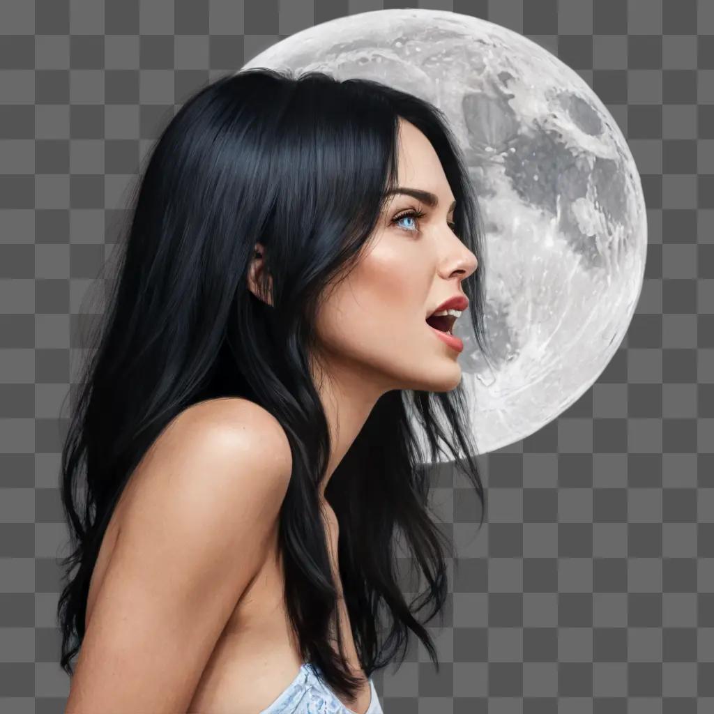 side moon drawing A woman with long hair stands in front of the moon