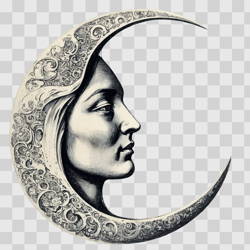 side moon drawing A womans face on a crescent moon