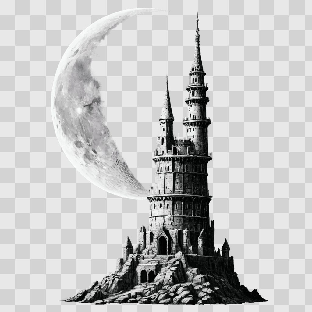 side moon drawing Black and white castle with a moon in the background