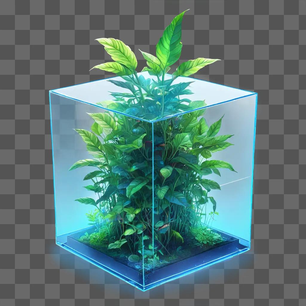 脇の植物の絵 植物と水で満たされたガラスケース