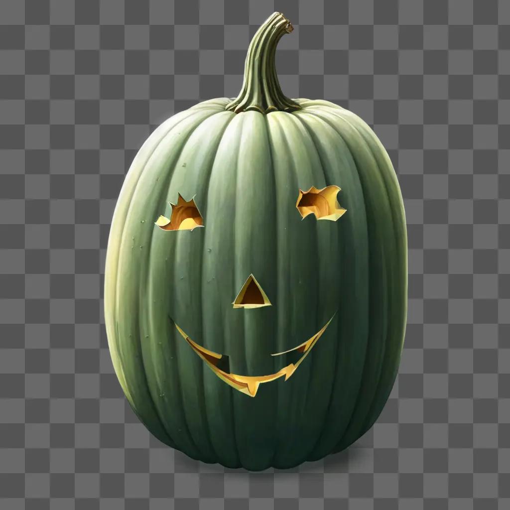 side pumpkin drawing A carved pumpkin with a happy face on a green background