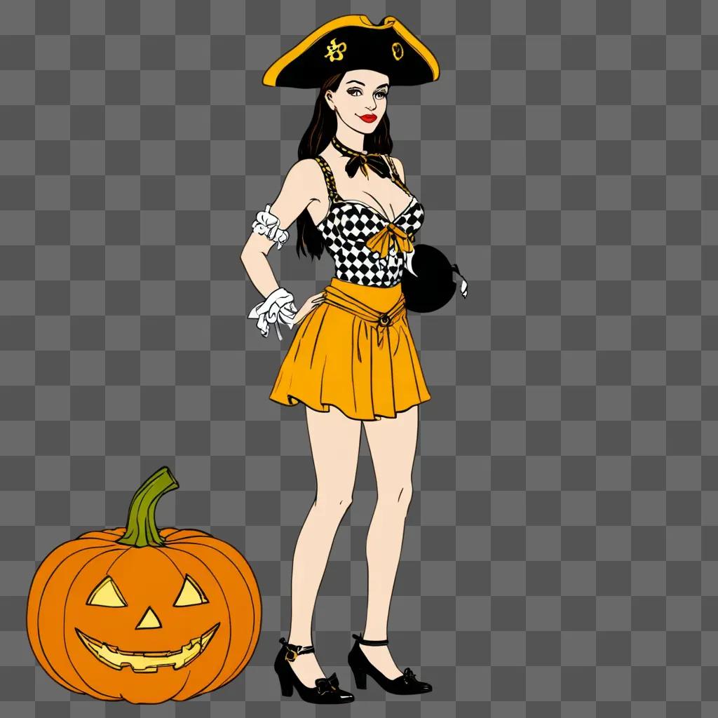 side pumpkin drawing Pirate girl with pumpkin in background