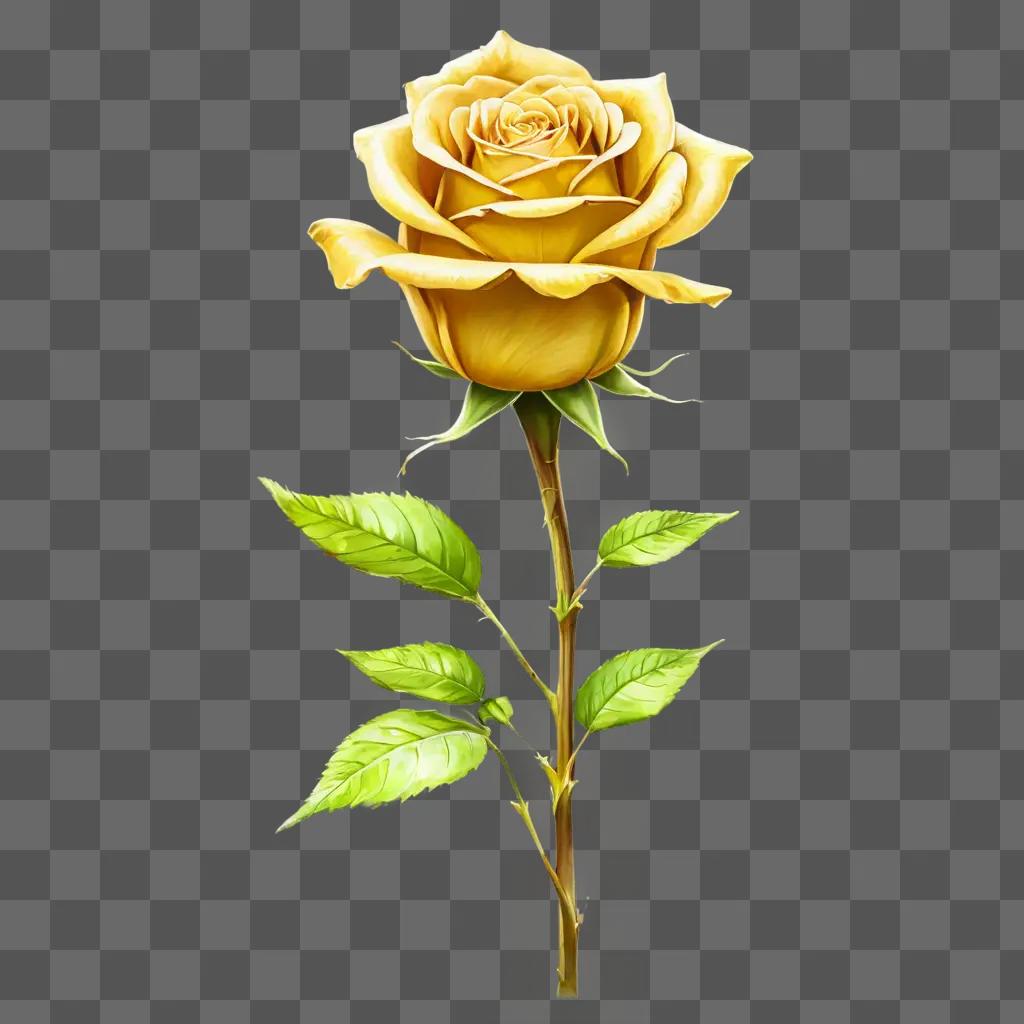 side rose drawing A yellow rose with green leaves on a green background