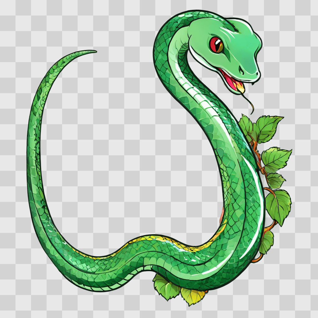 side snake drawing Green snake with red eyes and green leaves