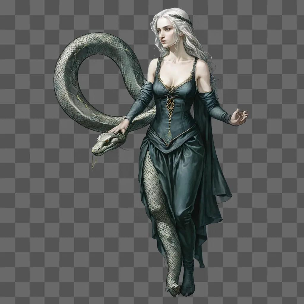 side snake drawing Woman in black holding a snake on a gray background